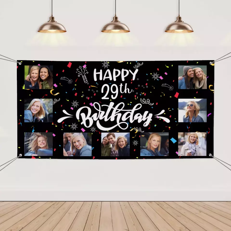 Custom Happy Birthday Banner, 9 Photos Birthday Banner