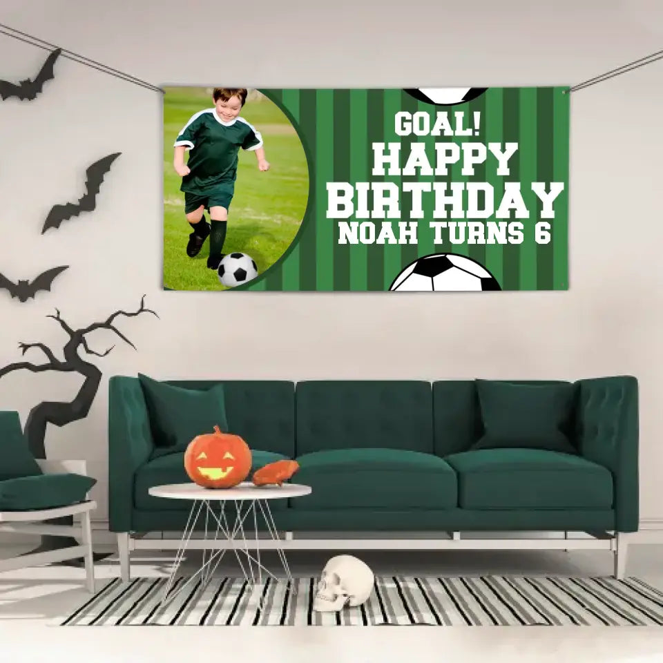 Run Towards Happiness, Green Football Birthday Banner Cheers You On