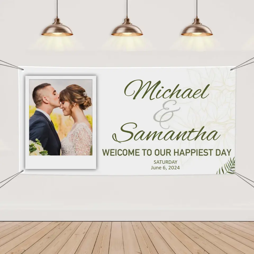 Personalized White Wedding Banner With Custom Photo And Name