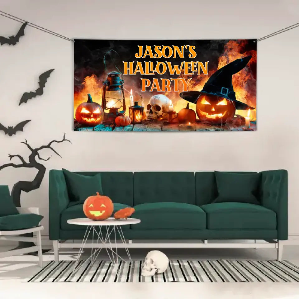 Custom Halloween Party Decoration Banner - Personalized Orange Pumpkin Skull Banner - Halloween Party Supplies for Indoor and Outdoor Decoration