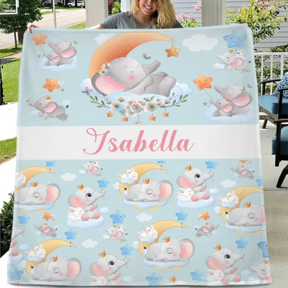 Sleeping Elephant And Rabbit - Personalised Name Animal Print Blanket - A Gift For Child