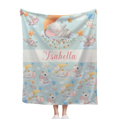 Sleeping Elephant And Rabbit - Personalised Name Animal Print Blanket - A Gift For Child