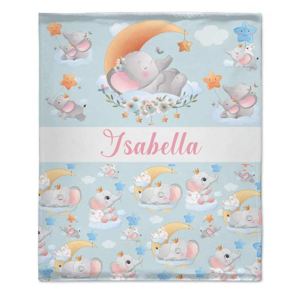 Sleeping Elephant And Rabbit - Personalised Name Animal Print Blanket - A Gift For Child