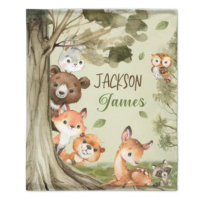 Woodland Animal - Personalised Name Animal Print Blanket - A Gift For Child