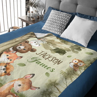 Woodland Animal - Personalised Name Animal Print Blanket - A Gift For Child