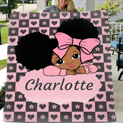 Custom Blankets for Black Girls - Personalised Name Cartoon Girl Pattern Blanket - A Gift For Child,Friend,Family