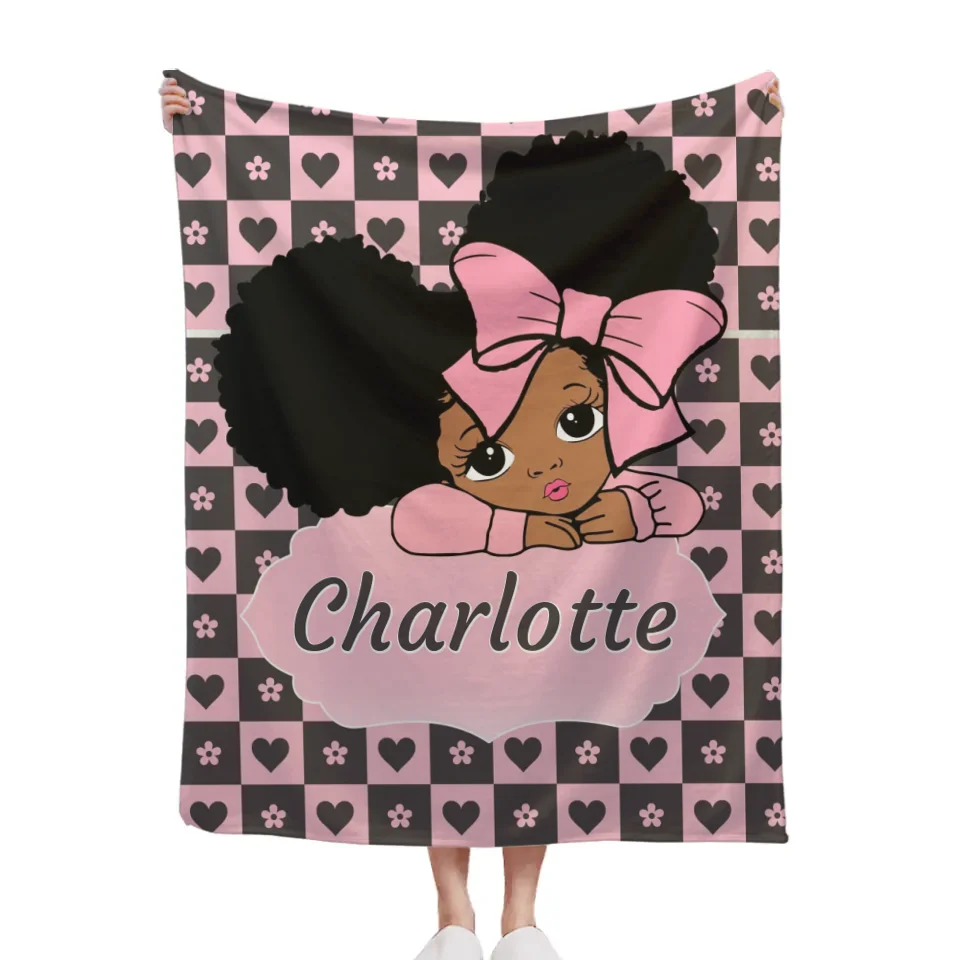 Custom Blankets for Black Girls - Personalised Name Cartoon Girl Pattern Blanket - A Gift For Child,Friend,Family