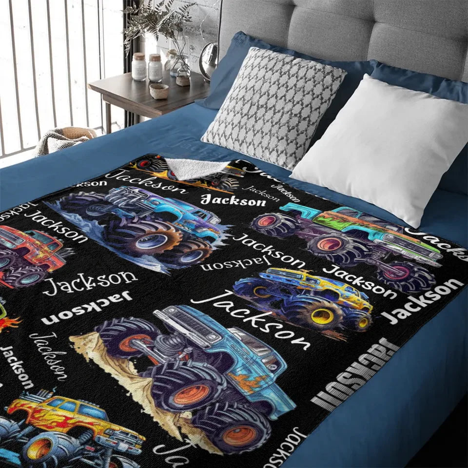 Monster Trucks Cars Motorcycles Collection - Customized Kids Name Blanket