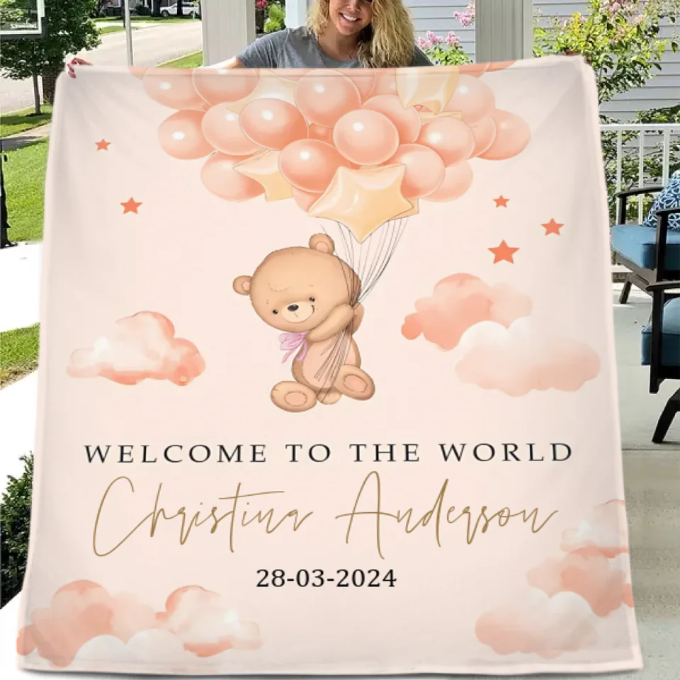 Teddy Bear Custom Colour Blanket - Personalised Name And Date Of Birth Blanket - A Gift For Child,Newborns,Baby