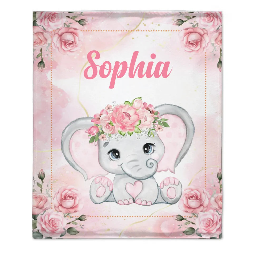 Custom Elephant Blanket - Personalized Name Blanket for Elephant Wearing Garland - A Gift For Child,Baby