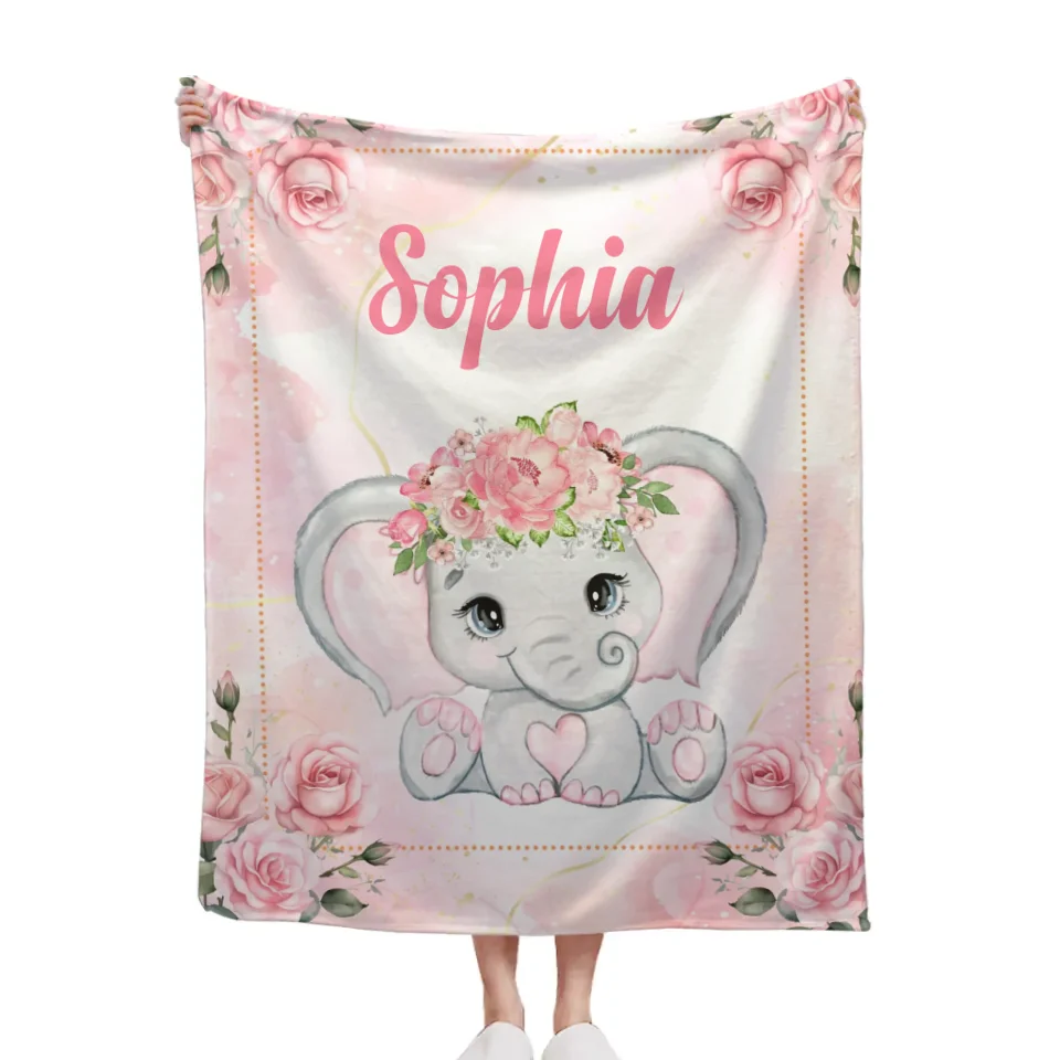 Custom Elephant Blanket - Personalized Name Blanket for Elephant Wearing Garland - A Gift For Child,Baby