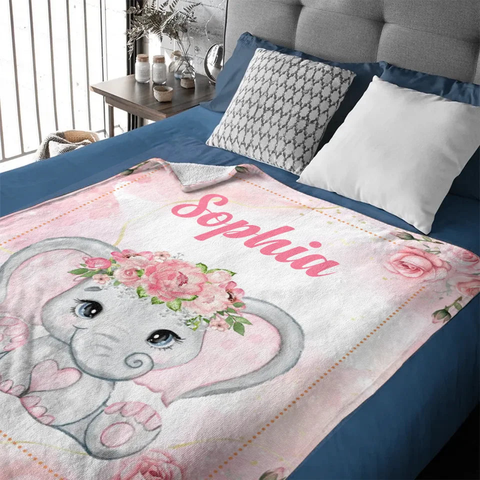 Custom Elephant Blanket - Personalized Name Blanket for Elephant Wearing Garland - A Gift For Child,Baby