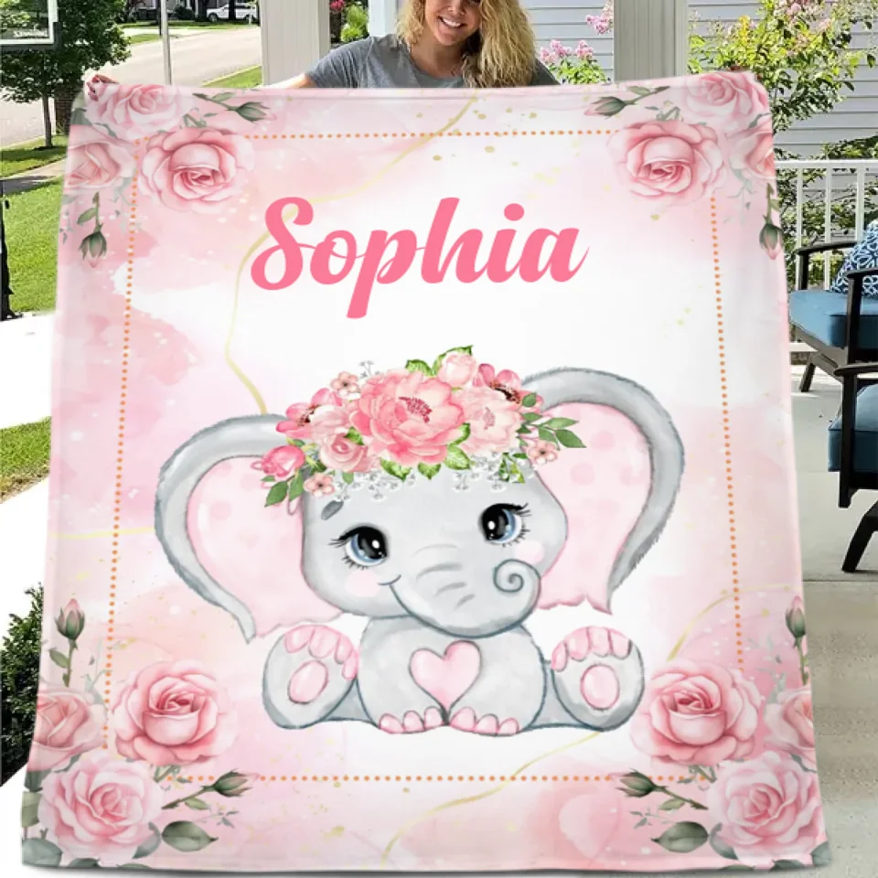 Custom Elephant Blanket - Personalized Name Blanket for Elephant Wearing Garland - A Gift For Child,Baby