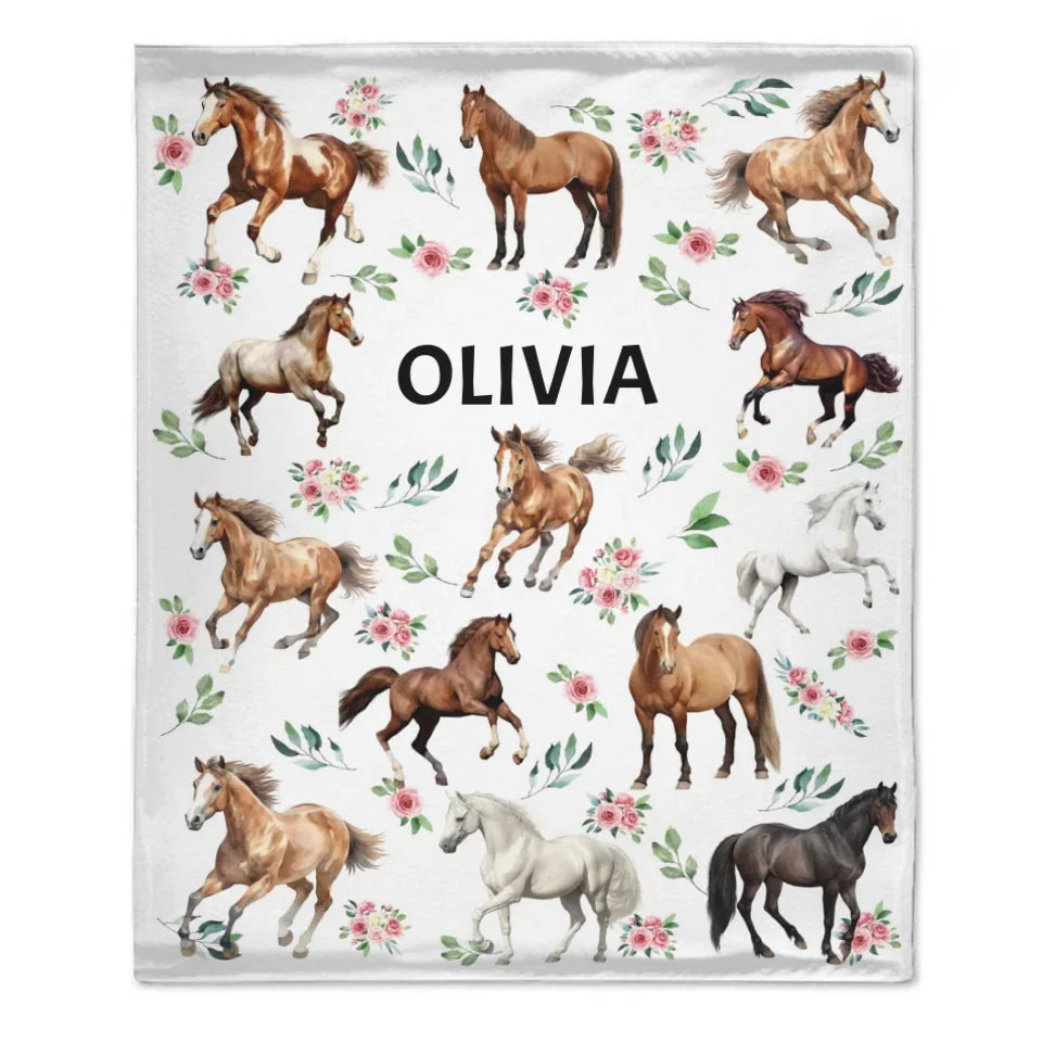 Customized Blankets For Different Horse Forms - Personalized Name Horse And Flower Pattern Blanket - A Gift For Child,Baby