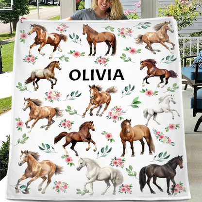 Customized Blankets For Different Horse Forms - Personalized Name Horse And Flower Pattern Blanket - A Gift For Child,Baby