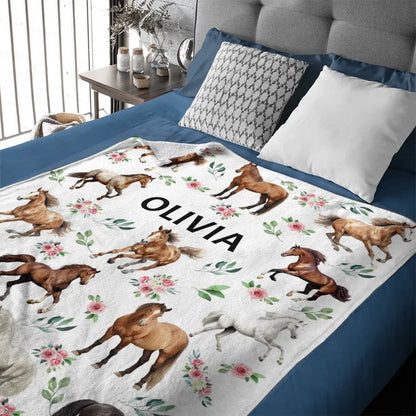 Customized Blankets For Different Horse Forms - Personalized Name Horse And Flower Pattern Blanket - A Gift For Child,Baby