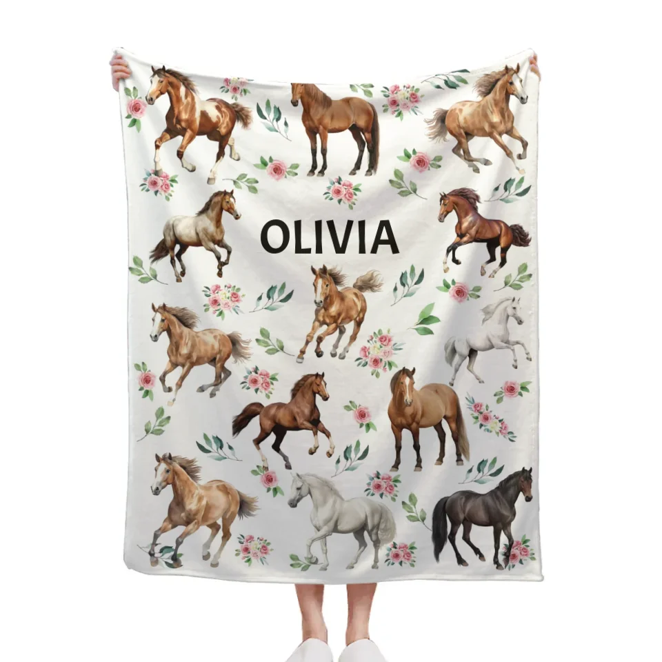 Customized Blankets For Different Horse Forms - Personalized Name Horse And Flower Pattern Blanket - A Gift For Child,Baby