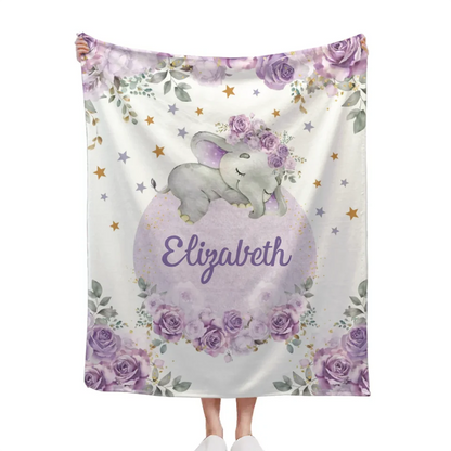 Customized Elephant Blanket - Personalized Name Blankets In Three Color Choices Of Flowers And Elephants - A Gift For Child,Baby