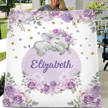 Customized Elephant Blanket - Personalized Name Blankets In Three Color Choices Of Flowers And Elephants - A Gift For Child,Baby