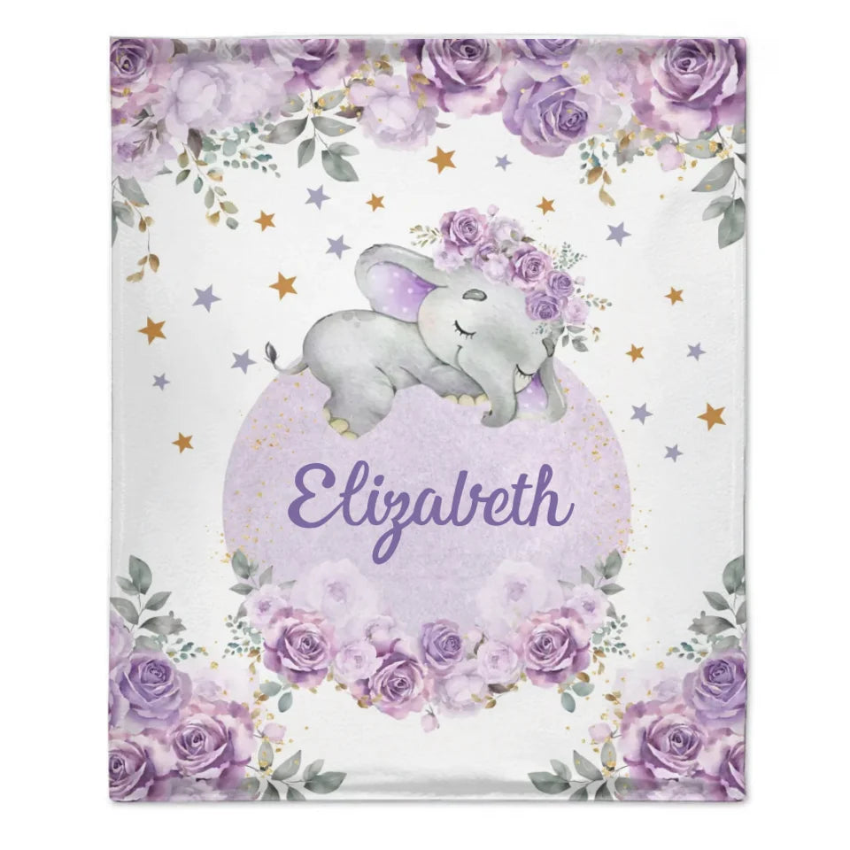 Customized Elephant Blanket - Personalized Name Blankets In Three Color Choices Of Flowers And Elephants - A Gift For Child,Baby