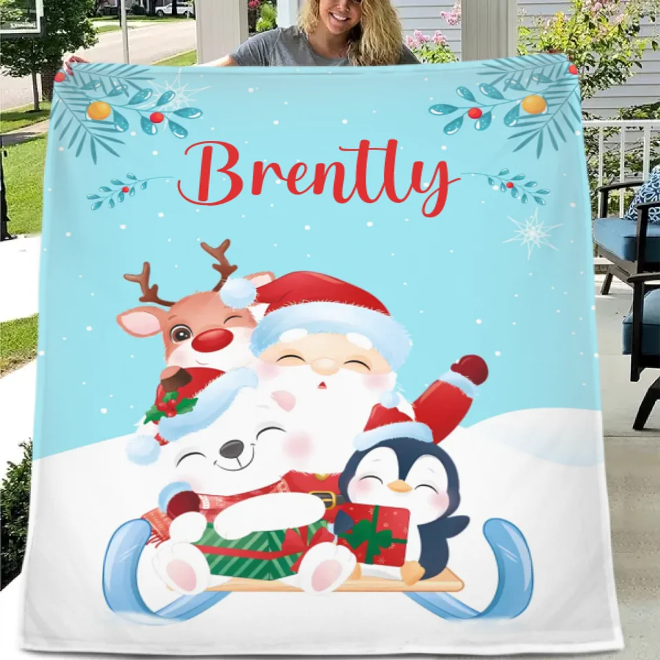 Santa and Elk Christmas Holiday Vibes Custom Blanket - Pretty Snow Scene Christmas Blanket with Personalized Name - Christmas Gift For Friend,Child,Baby