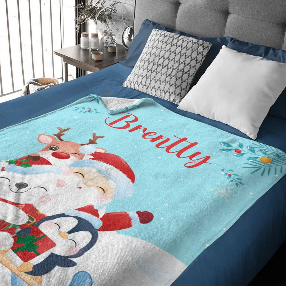 Santa and Elk Christmas Holiday Vibes Custom Blanket - Pretty Snow Scene Christmas Blanket with Personalized Name - Christmas Gift For Friend,Child,Baby