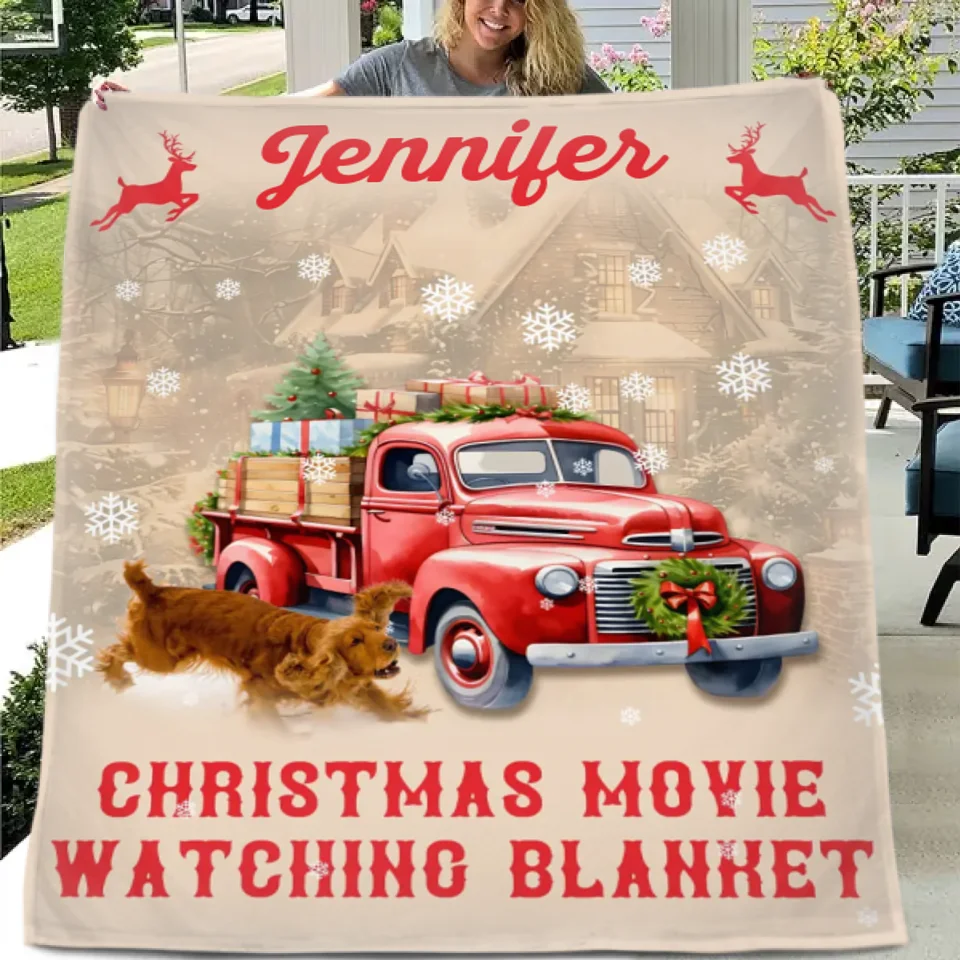 Christmas Customized Movie Watching Blanket - Christmas Vibes Red Moose,Truck and Snowflake Personalized Name Blanket - Christmas Gift For Family,Friend