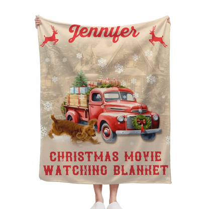 Christmas Customized Movie Watching Blanket - Christmas Vibes Red Moose,Truck and Snowflake Personalized Name Blanket - Christmas Gift For Family,Friend