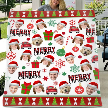 Family Customized Photo Christmas Themed Blanket - Warm Christmas Personalized Family Member Photo Soft Flannel Blanket - Christmas Gift For Family