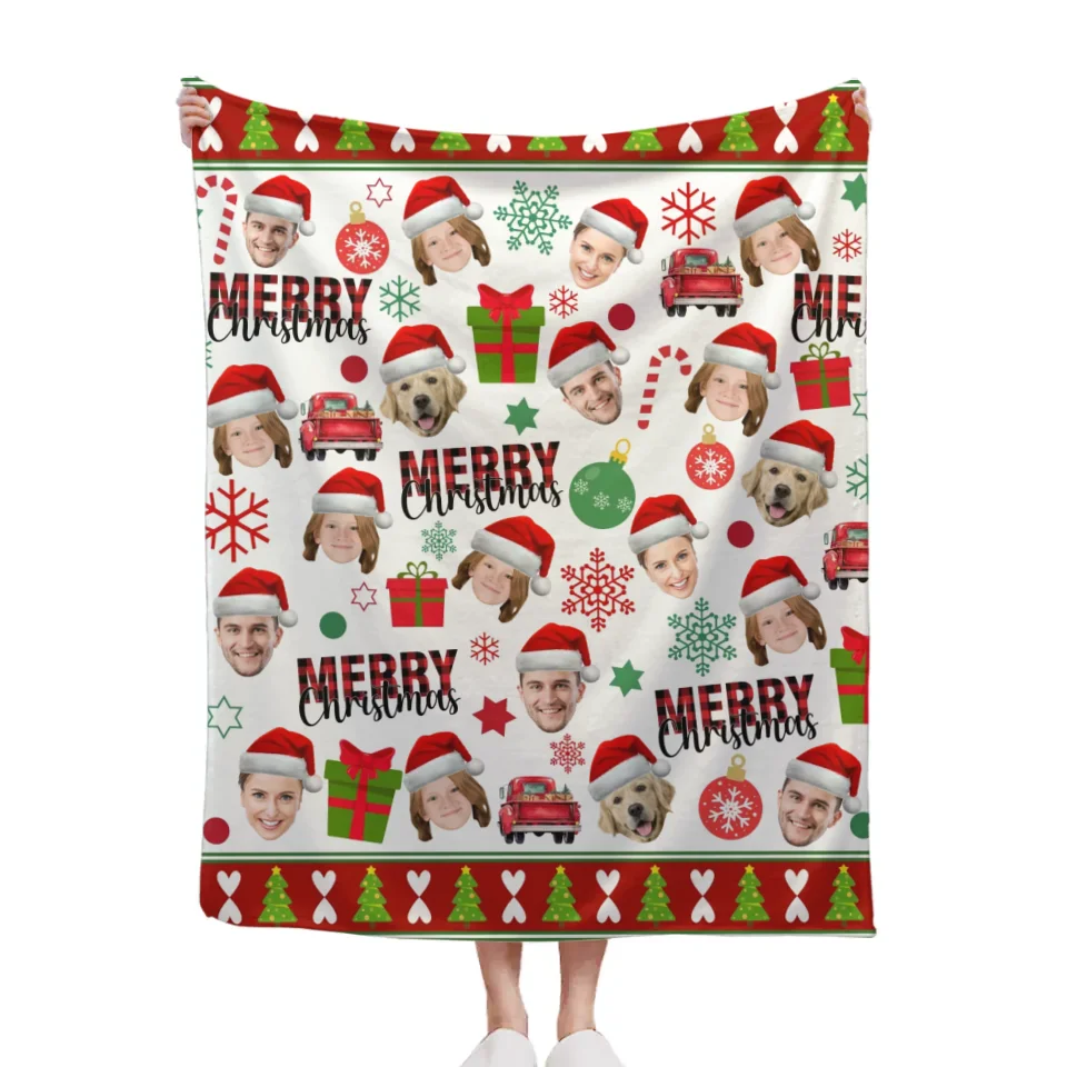 Family Customized Photo Christmas Themed Blanket - Warm Christmas Personalized Family Member Photo Soft Flannel Blanket - Christmas Gift For Family