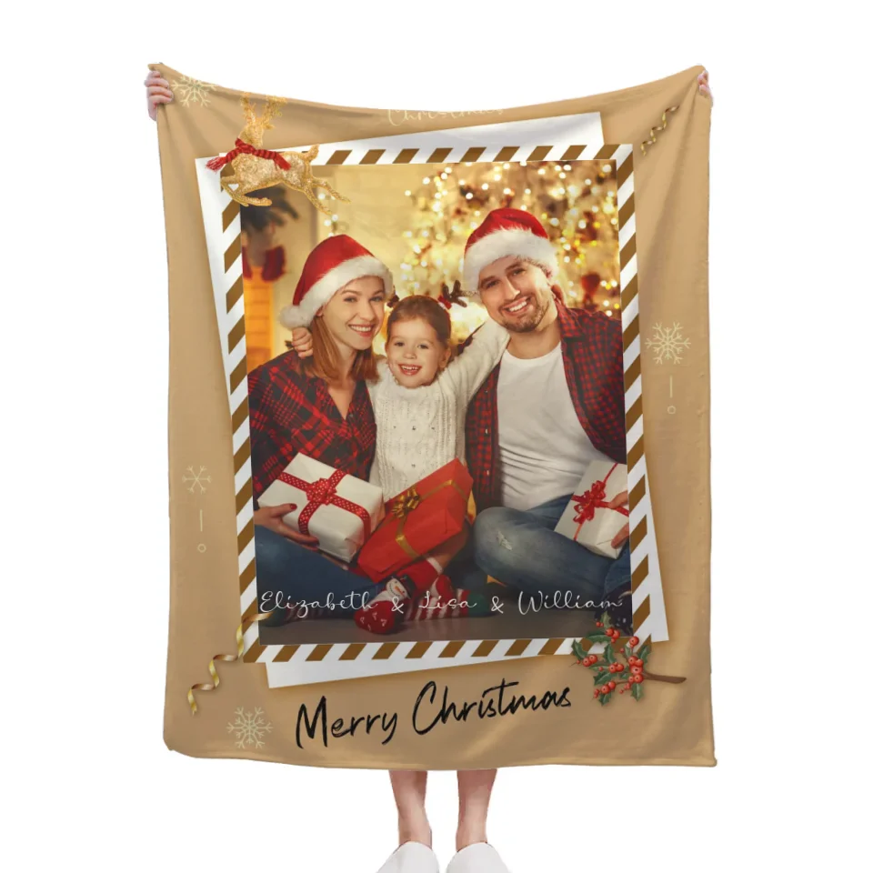 Christmas Cozy Family Photo Custom Blanket - Personalized Photo and Name Merry Christmas Themed Soft Flannel Blanket - Christmas Gift For Family