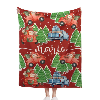 Cartoon Santa Claus Customized Christmas Blanket - Christmas Classic Red and Green Personalized Name Soft Flannel Blanket - Christmas Gift For Child