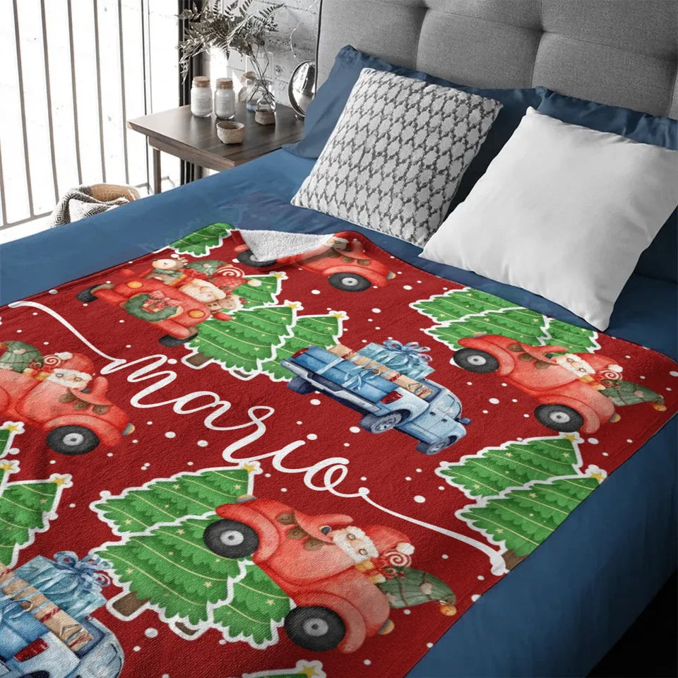 Cartoon Santa Claus Customized Christmas Blanket - Christmas Classic Red and Green Personalized Name Soft Flannel Blanket - Christmas Gift For Child