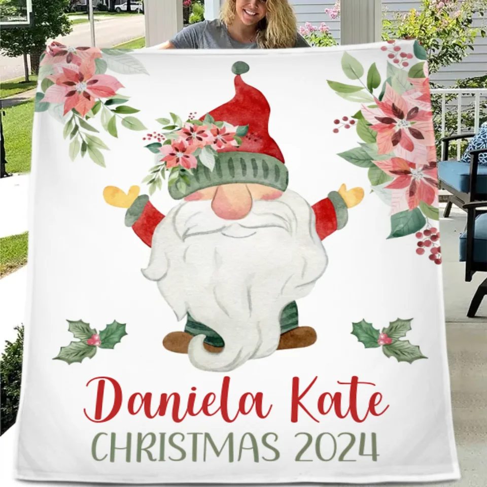 Christmas Gnomes and Flowers Custom Blanket - Merry Christmas Personalized Name Warm Blanket - Christmas Gift For Child,Friend