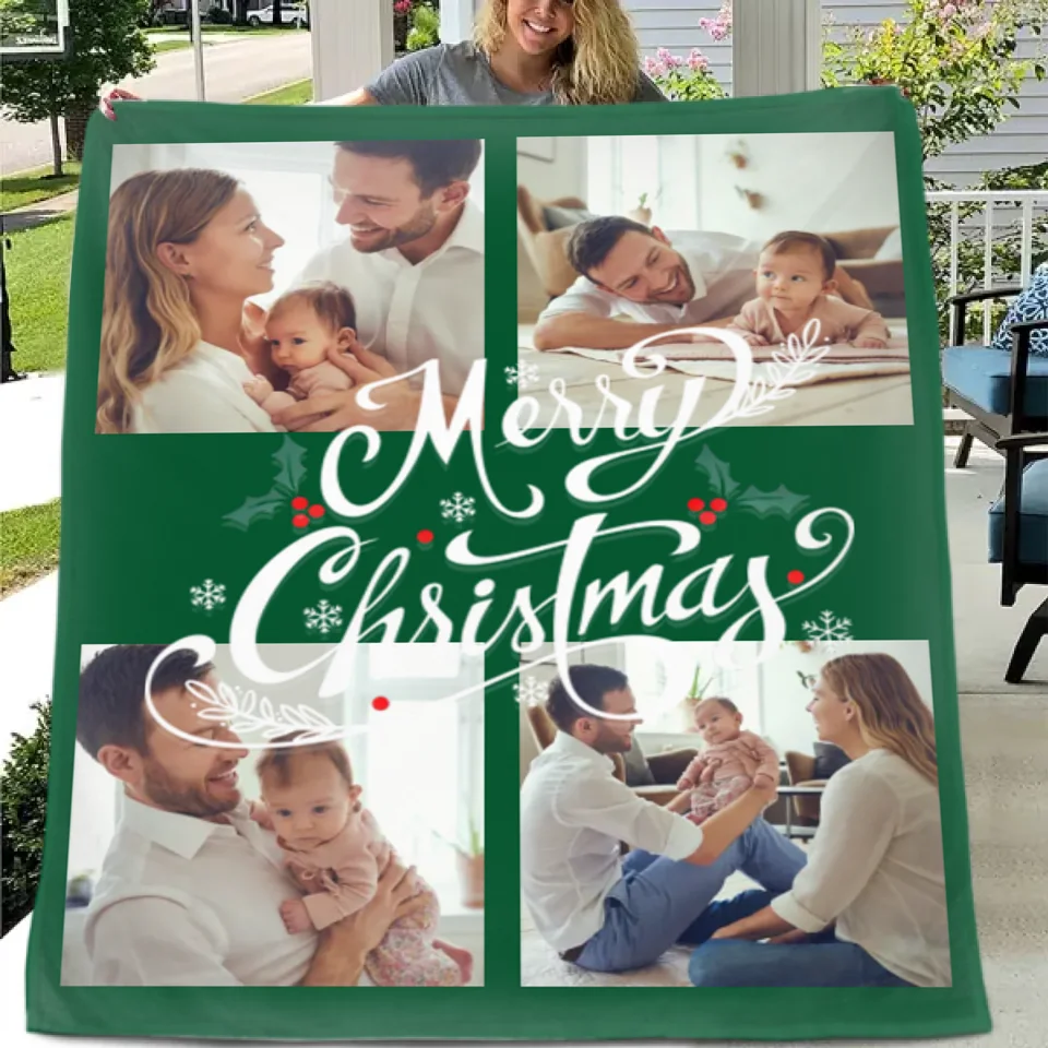 Customized Blanket for Family Photos - Christmas Home Decor Personalized 4 Photos Soft Blanket - Christmas Gift For Family