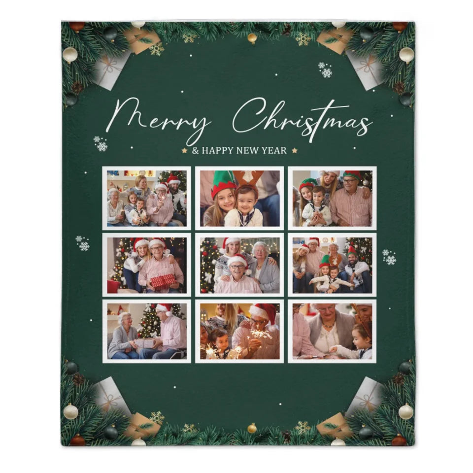 Customizable Christmas Home Blanket with 9 Photos - Christmas Themed Personalized Family Photo Soft Flannel Blanket - Christmas Gift For Family,Party