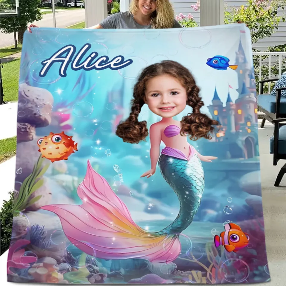 Mermaid Custom Blanket - Personalized Name and Photo Soft Flannel Blanket - A Gift For Daughters, Girls