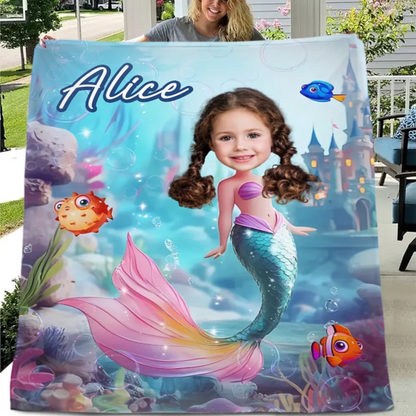 Mermaid Custom Blanket - Personalized Name and Photo Soft Flannel Blanket - A Gift For Daughters, Girls