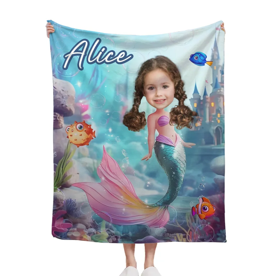 Mermaid Custom Blanket - Personalized Name and Photo Soft Flannel Blanket - A Gift For Daughters, Girls