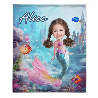 Mermaid Custom Blanket - Personalized Name and Photo Soft Flannel Blanket - A Gift For Daughters, Girls