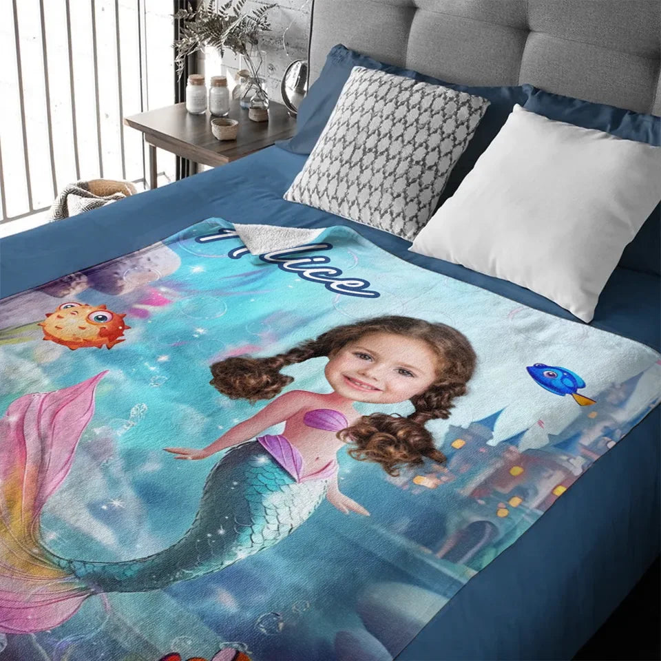 Mermaid Custom Blanket - Personalized Name and Photo Soft Flannel Blanket - A Gift For Daughters, Girls