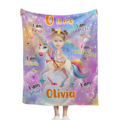 Cartoon Unicorn Customized Blanket - Personalized Name and Photo Soft Flannel Blanket - A Gift For Daughters, Girls