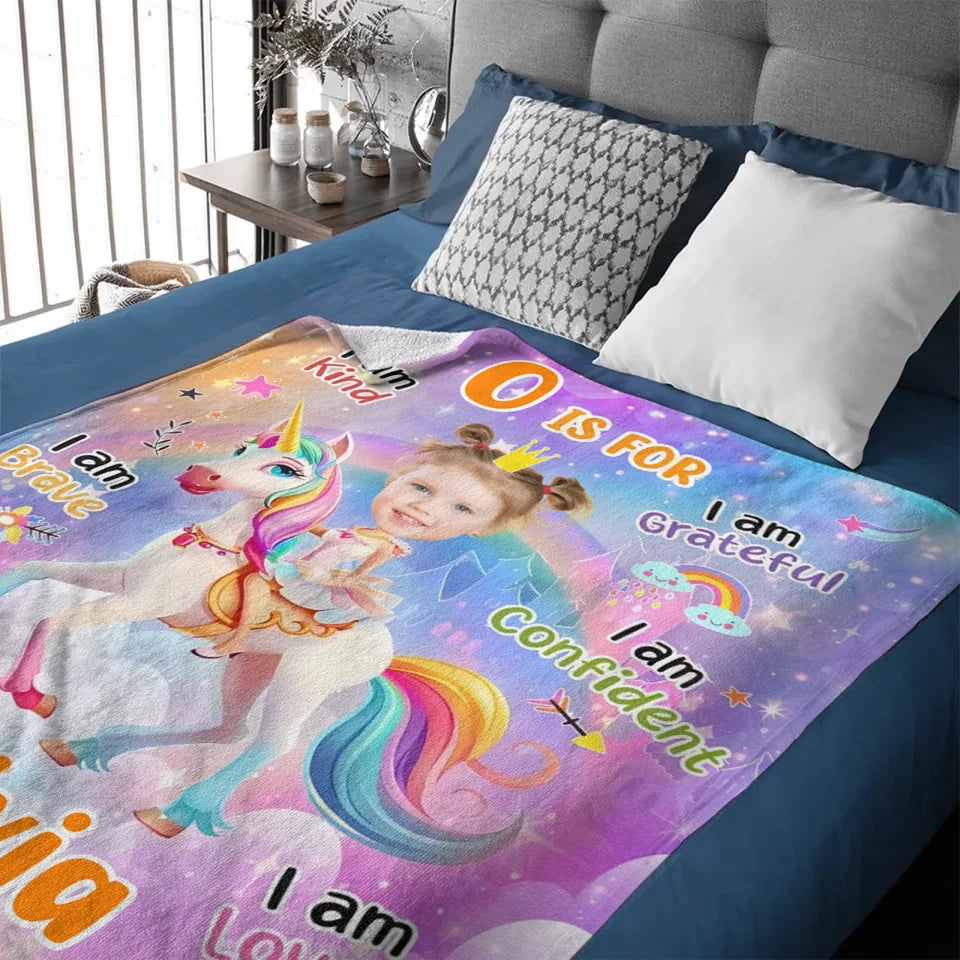 Cartoon Unicorn Customized Blanket - Personalized Name and Photo Soft Flannel Blanket - A Gift For Daughters, Girls