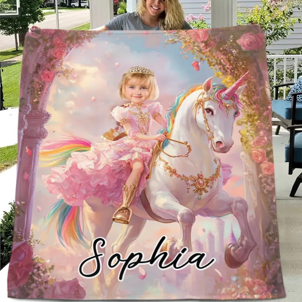 Customized Unicorn Princess Blanket - Personalized Name and Photo Soft Flannel Blanket - A Gift For Daughters, Girls