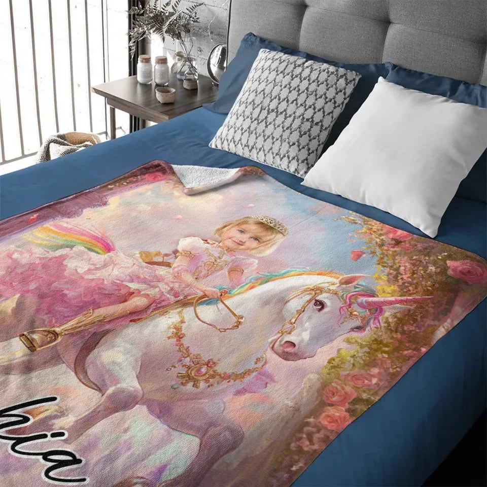 Customized Unicorn Princess Blanket - Personalized Name and Photo Soft Flannel Blanket - A Gift For Daughters, Girls