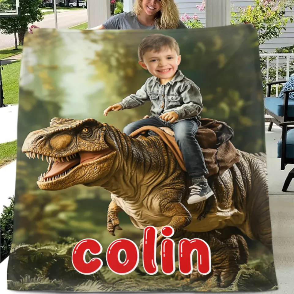 Custom Dinosaur Blankets Personalized Boy Riding Dinosaur Blanket