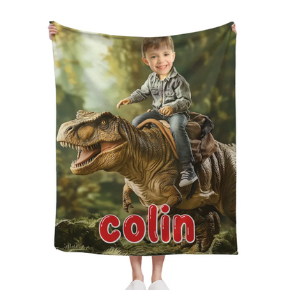 Custom Dinosaur Blankets Personalized Boy Riding Dinosaur Blanket