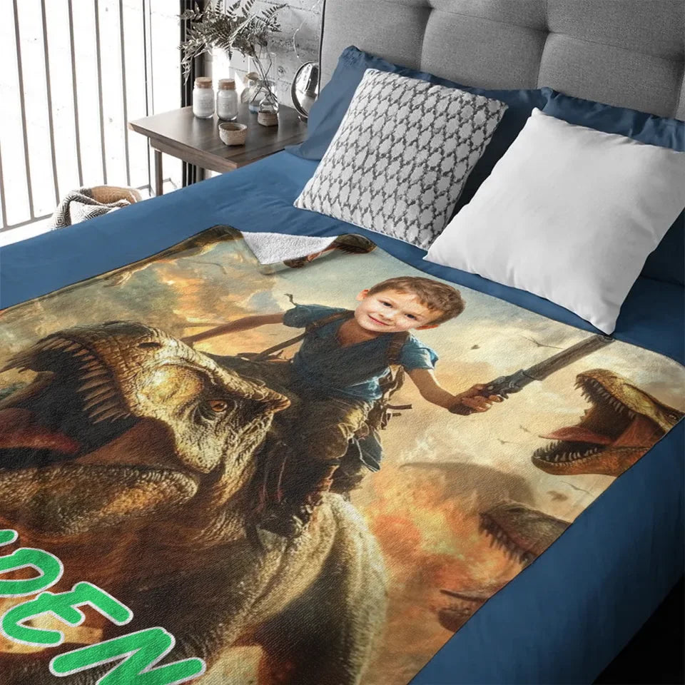 Custom Dinosaur Blankets Personalized Boy Riding Dinosaur Blanket