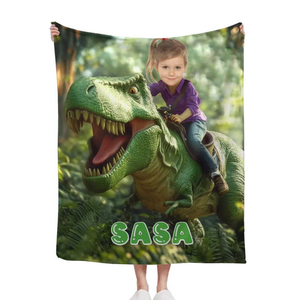 Custom Dinosaur Blankets - Personalized Photo Of A Character Riding A Dinosaur Blanket - A Gift For Child