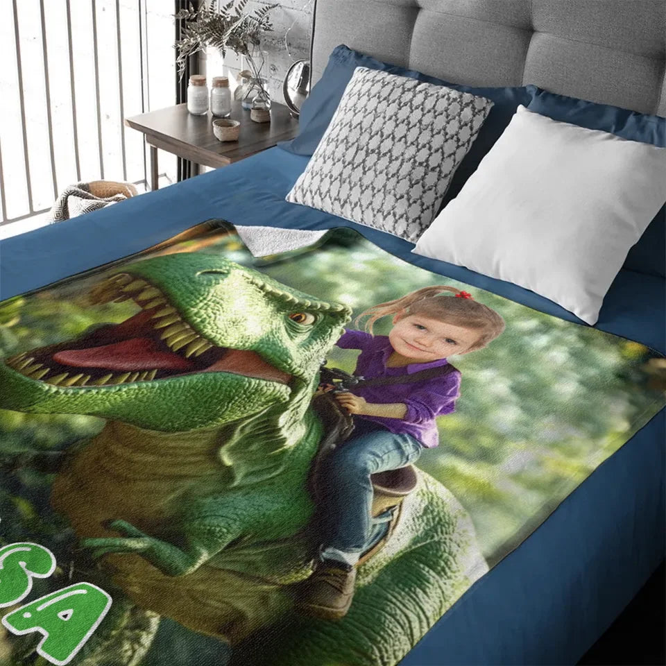 Custom Dinosaur Blankets - Personalized Photo Of A Character Riding A Dinosaur Blanket - A Gift For Child